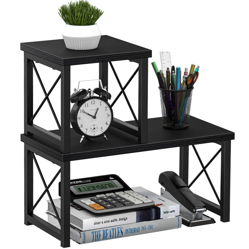 Honiter Desktop Shelf, Desktop Organizer Shelf, Freestanding Small Bookshelf Desk Shelf Organizer, 2 Tier Independent Stackable Desk Organizer, Desktop Office Storage Rack Display Shelf, Black, 7.6in - Image 1